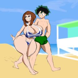 1boy 1girls beach beach_background big_breasts bikini bikini_bottom bikini_top breasts breasts_bigger_than_head brown_eyes brown_hair bulge bulge_through_clothing cleavage curvaceous curvy curvy_body curvy_female curvy_figure curvy_hips doctordongass doctordrawnass erect_penis green_eyes green_hair izuku_midoriya looking_at_breasts muscular_male my_hero_academia ochako_uraraka swimming_trunks swimwear thick_thighs voluptuous