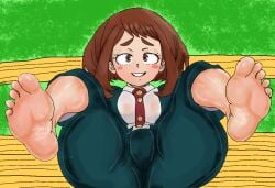 feet female foot_fetish my_hero_academia ochako_uraraka presenting_feet school_uniform shy soles