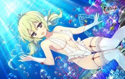 ass_visible_through_thighs bare_arms bare_shoulders belly_button big_breasts blonde_hair breasts gloves kafuru_(senran_kagura) marvelous official_art open_mouth purple_eyes senran_kagura senran_kagura_new_link short_hair sideboob smile thighhighs thighs tiara twintails underwater underwear underwear_only white_gloves white_thighhighs yaegashi_nan