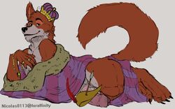 anthro arrow balls big_penis canine crown disney fox fur furry grin hat inviting jewelry looking_at_viewer male_only mammal nicolas0113 penis plain_background robe robin_hood_(character) robin_hood_(disney) seductive testicles thick_penis uncut