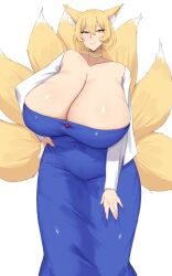 1girls animal_ears big_breasts blonde_hair breasts cleavage clothed_female fox_ears fox_girl huge_breasts kitsune light-skinned_female mature_female multi_tail omikami ran_yakumo smile solo solo_female tail tails touhou white_background yellow_eyes yellow_hair