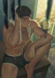 1boy ai_generated bara bare_pectorals free! gay male male_focus male_only muscular muscular_male penguin_frontier solo solo_male sousuke_yamazaki yaoi