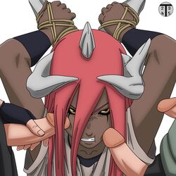 angry arms_behind_head arms_up black_sclera bondage bound_wrists clenched_teeth colored dark_skin erection female fingerless_gloves gangbang gloves group_sex horns human long_hair male multiple_penises naruto naruto_(classic) penis penis_on_cheek penis_on_cheeks rape red_hair straight surrounded_by_penises tayuya toms2435 yellow_eyes yuasa