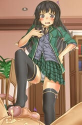 black_hair boku_wa_tomodachi_ga_sukunai brown_eyes cum egg_vibrator female footjob footjob_with_footwear highres kukkumann long_hair mikazuki_yozora penis phone thighhighs uncensored vibrator