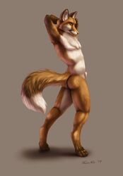 2014 anthro arms_above_head canine fox fur furry male male_only mammal nude sheath solo taurin_fox