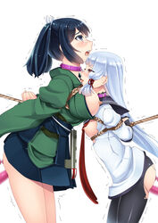 2girls anal anal_beads anal_insertion arms_behind_back arms_tied asymmetrical_docking black_hair black_legwear blue_eyes blush bondage breast_press breasts breasts_out collar dildo femsub hakama hiememiko highres japanese_clothes kantai_collection large_breasts long_hair multiple_girls multiple_subs murakumo_(kantai_collection) nipples object_insertion open_mouth pantyhose red_eyes sailor_dress saliva short_hair silver_hair small_breasts souryuu_(kantai_collection) standing tears tied_hair tongue tongue_out torn_clothes torn_pantyhose trembling twintails