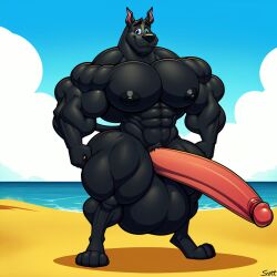 ai_generated anthro balls beach black_balls black_body black_fur black_nipples canine canine clouds great_dane huge_balls huge_cock huge_muscles humanoid_penis hyper_muscles male male_only nipples nude ocean penis puffy sand sky solo stable_diffusion tail water