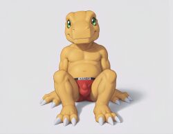 3_toes agumon ai_generated anthro bulge bulge_through_clothing digimon digimon_(species) green_eyes looking_at_viewer male male_only small_penis solo underwear_only yellow_body