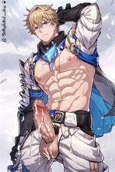 1boy ai_generated anal bara bare_pectorals blonde_hair cum gay gepard_(honkai:_star_rail) honkai:_star_rail male male_focus male_only methylated_dog muscular muscular_male penis solo solo_male yaoi