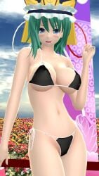 1girls 3d arms_up bikini black_bikini blush character_name cleavage clothes_writing eiki_shiki female female_only green_eyes green_hair hat hati_yukkuri_mmd large_breasts looking_at_viewer mmd revealing_clothes rod_of_remorse shiki_eiki short_hair solo touhou