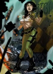 1girl 2024 abs alternate_version_available angry_face battletech black_hair boots breasts clan_(battletech) clothed_female commission crop_top fingerless_gloves ganassa joanna_(jade_falcon) knees_together_feet_apart knife knife_sheath mechwarrior middle_finger midriff signature solo solo_female tight_pants underboob