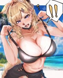 ! 2024 animal_ears arknights bare_shoulders beach bikini black_bikini blonde_hair blue_eyes blue_sky breasts collarbone cowboy_shot earrings extra_ears female hair_ornament hairclip hi_res horse_ears horse_girl horse_tail iindoagorira jewelry large_breasts medium_hair navel ocean open_clothes outdoors sand sky spoken_exclamation_mark stomach swimsuit tail tan tanlines whislash_(arknights)