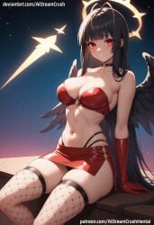 ai_generated aidreamcrush back breasts character_request choker cleavage eyes female female_focus female_only fit gloves hair latex navel posing sitting skindentation solo thick thighhighs thighs thong toned wings