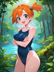 :d ai_generated aqua_eyes asymmetrical_hair bangs bare_arms bare_shoulders blue_one-piece_swimsuit blue_swimsuit blush breasts cameltoe clothing competition_swimsuit covered_navel crossed_arms day eyelashes female female female_only forest green_eyes high_resolution highleg highleg_swimsuit kasumi_(pokemon) kasumi_(pokemon) large_breasts legs looking_at_viewer medium_breasts nature navel one-piece_swimsuit open-mouth_smile open_mouth orange_hair outdoors pokemon pokemon_(classic_anime) pokemon_character ponytail pool pyororingen shiny short_hair side_ponytail smile solo standing swimsuit tank_suit teeth thighs tied_hair tree upper_teeth upper_teeth_only water