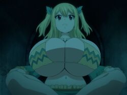 1girl alternate_breast_size bikini bikini_top blonde_hair breast_expansion breasts_bigger_than_head byleths200 clothed edit edited fairy_tail female female_only huge_breasts lucy_heartfilia massive_breasts screencap screenshot screenshot_edit sitting solo twintails