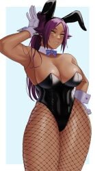 1girls bleach breasts bunny_ears bunny_girl bunnysuit dark-skinned_female female female_focus female_only fishnet_legwear fishnets gloves gud0c huge_breasts looking_at_viewer muscle_girl muscles purple_hair shihouin_yoruichi solo_female tagme white_gloves