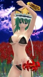 1girls 3d arms_up black_bikini blush character_name cleavage clothes_writing eiki_shiki green_eyes green_hair hat hati_yukkuri_mmd large_breasts looking_at_viewer mmd rod_of_remorse shiki_eiki short_hair solo touhou