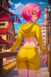 1boy abstract_background ai_generated ass cute darabri femboy feminine_male from_behind gay girly glasses gowther hoodie logo midriff nanatsu_no_taizai otoko_no_ko patreon patreon_logo petite pink_hair seven_deadly_sins shorts thin_waist tight_clothing tight_fit toned trap yaoi yellow_eyes