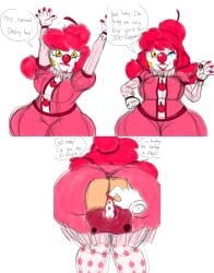 2d 2d_(artwork) 2girls about_to_fart ass ass_focus balloon bent_over breasts cherry_(hamb0ne) clown clown_costume clown_girl clown_makeup clown_nose comic disembodied_hand female female_only hamb0ne hips hips_wider_than_shoulders oc original_character pie_(memeboober) red_hair text text_bubble thighhighs thighs thighs_bigger_than_head thighs_bigger_than_torso thighs_together