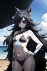 1girls ai_generated beach black_hair cat_ears catgirl female female_focus female_only hips kasli_the_bane long_hair small_breasts sunglasses the_battle_cats tinted_eyewear white_skin