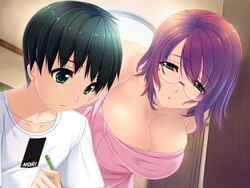 black_hair breasts cleavage game_cg glasses green_eyes ichijou_touka large_breasts motto_nee_chanto_shiyou_yo! red_hair short_hair sumeragi_kohaku sweat towel