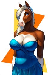 ai_generated anthro big_breasts blue_dress blue_eyes brown_body brown_fur cleavage curvy draft_horse dress earrings equid equine furry furry_focus horse horse_girl hourglass_figure large_breasts long_hair looking_at_viewer majorfluffy mature_anthro mature_female novelai tagme two_tone_body white_body white_fur white_hair