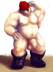 bear belly biceps boots chubby firefighter helmet large_muscles male male_only musclegut muscles pecs penis plain_background polar_bear pose solo sopomon testicles thick_penis uncut