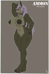 2020 anthro areola athletic athletic_female big_areola big_breasts big_nipples biped black_nose breasts brown_body canid canine canis chaosmaster12 character_name claws collar collar_only countershade_face countershade_torso countershading digitigrade eyebrows female front_view fuf genitals grey_hair hair hand_on_hip hand_on_own_hip hi_res jackal long_hair looking_at_viewer mammal multicolored_body navel nipples nude pose pussy simple_background solo standing tan_body tan_countershading toe_claws two_tone_body