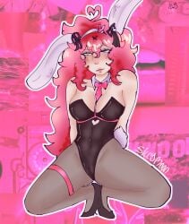 blue_eyes bunny_ears bunnygirl bunnysuit omori pink_background pink_hair rabbit_hole_(cosplay) rabbit_hole_(vocaloid) sillym0on suggestive suggestive_look suggestive_pose tight_clothing