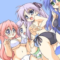 4girls ass bikini blue_eyes blue_hair blush breasts color curvy female glasses green_eyes huge_breasts human kagami_hiiragi konata_izumi long_hair lowres lucky_star mi-sya miyuki_takara multiple_girls oekaki pink_hair pixel purple_hair sideboob swimsuit tied_hair topless tsukasa_hiiragi twintails