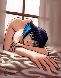 1girls bed bedroom black_hair blue_eyes blue_hair curtains looking_at_viewer naked naked_female nude nude_female original smile smiling smiling_at_viewer two_tone_hair vhitra vhitradraws