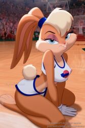 _yumidreams ai_generated basketball basketball_uniform bunny_girl furry furry_only indoors lingerie lola_bunny looney_tunes nipple on_knees panties pink_nipple rabbit seductive seductive_look solo solo_female space_jam space_jam:_a_new_legacy thick_thighs transparent transparent_clothing warner_bros warner_brothers white_crop_top