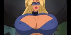 1girls animated blonde_hair blue_eyes bouncing_breasts breast_expansion breasts covered_nipples erect_nipples erotica_jones female gigantic_breasts mask mp4 screencap sound stripperella tagme video