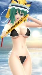 1girls 3d black_bikini blush character_name cleavage clothes_writing eiki_shiki green_eyes green_hair hat hati_yukkuri_mmd large_breasts looking_at_viewer mmd rod_of_remorse shiki_eiki short_hair solo touhou