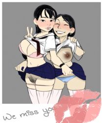 2girls areolae assisted_exposure bangs big_lips black_hair blue_panties blush bra breasts cameltoe duo earrings female female_only female_pubic_hair flashing gesture huge_breasts human incase japanese kiss_mark large_breasts lipstick lipstick_mark multiple_girls navel necktie nipples no_bra panties photo_(object) posing pubic_hair pussy school_uniform shirt_lift skirt skirt_lift smile text thighhighs