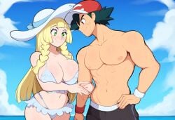 1boy aged_up ai_generated beach beard_stubble bikini blonde_hair breasts_out duo female hat headwear huge_breasts lillie_(pokemon) male/female mature_female mature_male mullon novelai older_male pokemon pokemon_(anime) pokemon_sm satoshi_(pokemon) smile stubble sun_hat