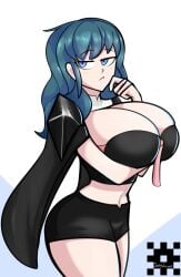 1girls arm_under_breasts blue_eyes blue_hair breasts byleth_(fire_emblem) byleth_(fire_emblem)_(female) cleavage fire_emblem fire_emblem:_three_houses huge_breasts joeydrawss nintendo simple_background solo teal_hair thinking