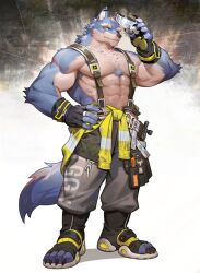 2024 abdominal_scar abs absurd_res anthro balls belt biceps black_clothing black_footwear black_gloves black_handwear black_shoes blue_body blue_eyes blue_fur blue_hair blush bodily_fluids bottomwear canid canine canis chest_tuft claws clothing countershade_torso countershading cum deltoids detailed_background erection eye_scar facial_scar finger_claws fingerless_gloves fly_open footwear fur genital_fluids genitals gloves grey_bottomwear grey_clothing grey_pants hair handwear hi_res holding_goggles jacket_around_waist leaking_cum looking_at_viewer male mammal moodraw neilos0526 pants pawpads pecs penis scar screwdriver shoes shoulder_scar solo standing suspenders text text_on_clothing toe_claws toeless_footwear toeless_shoes tools tuft utility_belt viktor_(storiaxion) white_body white_fur wolf