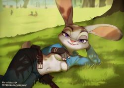 2024 belt breasts clothing disney feet female female_focus female_only furry gray_fur grey_fur judy_hopps laying_down laying_on_ground laying_on_side police police_uniform purple_eyes rabbit rabbit_girl shirt shirt_lift sniffsnorf unbuckled_belt underboob zootopia