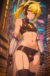 1boy abs abstract_background ai_generated bulge crop_top cute cyberpunk darabri detached_sleeves femboy feminine_male gay girly headset light_brown_skin logo long_hair midriff miniskirt otoko_no_ko patreon patreon_logo ponytail pov_eye_contact stockings tanned thighs trap yaoi yellow_eyes yellow_hair