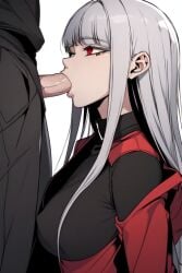 1boy 1girls ai_generated blowjob ceremon_vaughan deepthroat fellatio female hero_killer ihwa male male_penetrating_female oral oral_penetration oral_sex red_eyes sex silver_hair webtoon