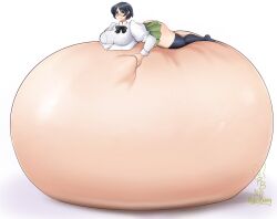 1girls hakamichi_shizune huge_ass huge_breasts hyper hyper_belly hyper_pregnancy katawa_shoujo lying_on_belly pregnant rabidbunny ready_to_pop school_uniform solo stockings