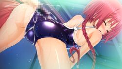 ass blush buttjob censored clothes_penetration clothesjob cum cum_on_ass ejaculation huge_ass long_hair mosaic_censoring open_mouth outercourse penis penis_under_clothes red_hair rubbing sakuya_tsuitachi sukumizu_tabehoudai swimsuit wet