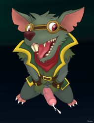 absurd_res anthro belt bodily_fluids clothing cum eyewear foreskin genital_fluids genitals gloves goggles handwear hi_res league_of_legends male mammal mouth_shot murid murine open_mouth pawsta penis rat red_eyes riot_games rodent scarf solo teeth tencent tongue twitch_(lol)