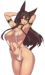 1girls animal_ears anubis_(houtengeki) armlet armpits arms_up bikini blush breasts brown_hair covered_nipples egyptian female female_only highleg highleg_swimsuit highres houtengeki large_breasts long_hair looking_at_viewer navel open_mouth original red_eyes simple_background sling_bikini solo swimsuit white_background