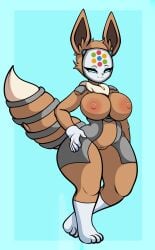 absurd_res anthro areola big_breasts blue_eyes breasts brown_areola brown_body brown_nipples eevee female generation_1_pokemon genitals happy hi_res idog leevee_(kuroric) neck_tuft nintendo nipples pokemon pokemon_(species) pussy smile solo tail tuft white_body xdragoncam