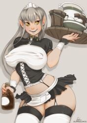 collar female female_only fully_clothed lambslewds microskirt miniskirt pointy_ears revealing_clothes serving_tray skimpy_clothes skirt stockings uniform waitress waitress_uniform