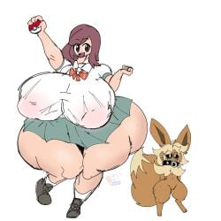 ass_bigger_than_head bigger_female breasts_bigger_than_head clothed dumptruck_ass eevee eeveelution female hyper_ass hyper_breasts lass_(pokemon) lattemon lattemon_(character) lattevee_(lattemon) nintendo nipples_visible_through_clothing no_bra oc pokemon pokemon_(species) revealing_clothes small_dom_big_sub smaller_male teasing underass