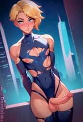 1boy abs ai_generated ballsack big_penis blonde_hair blue_eyes bodysuit city_background cute darabri-mix embarassed erection femboy feminine_male ftm_crossgender girly gwen_stacy huge_cock marvel marvel_comics nipples nude otoko_no_ko pale_skin patreon patreon_logo penis piercings short_hair shy solo_focus spider-man:_into_the_spider-verse superhero toned trap yaoi