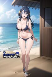 ai_generated beach big_breasts bikini blue_bikini blue_eyes blue_hair dawn_(pokemon) game_freak girl nintendo pokemon pokemon_bdsp pokemon_dppt thighs